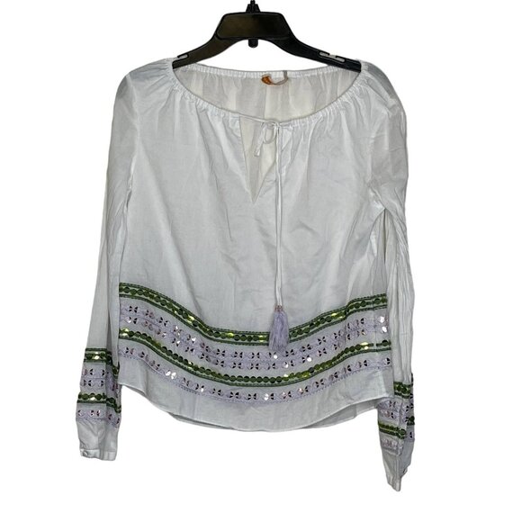 Tory Burch Blouse Size 2 White With Green Pink Sequin 100% Cotton LS Tasseled - Picture 1 of 6